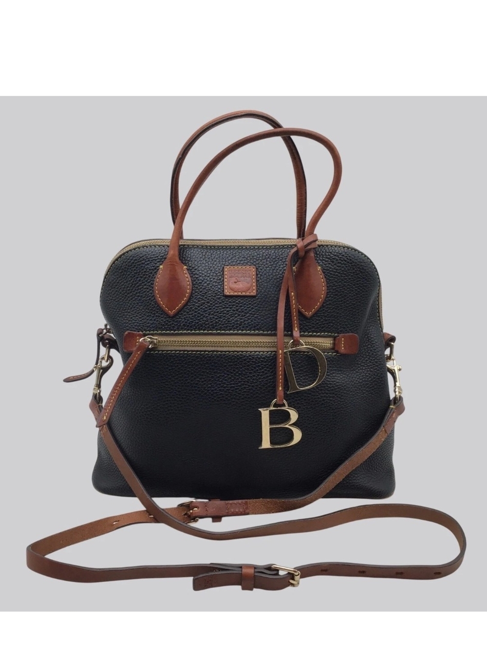 Dooney & Bourke Black Pebble Leather Satchel with Brown Trim